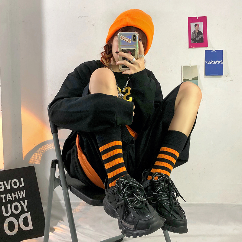 百搭黑白条纹男女棉袜INS潮