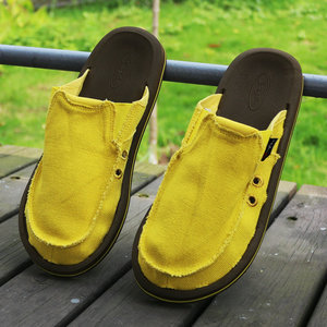 休闲潮拖夏季韩版男士帆布拖鞋包头沙滩鞋半拖鞋凉拖镂空透气拖鞋