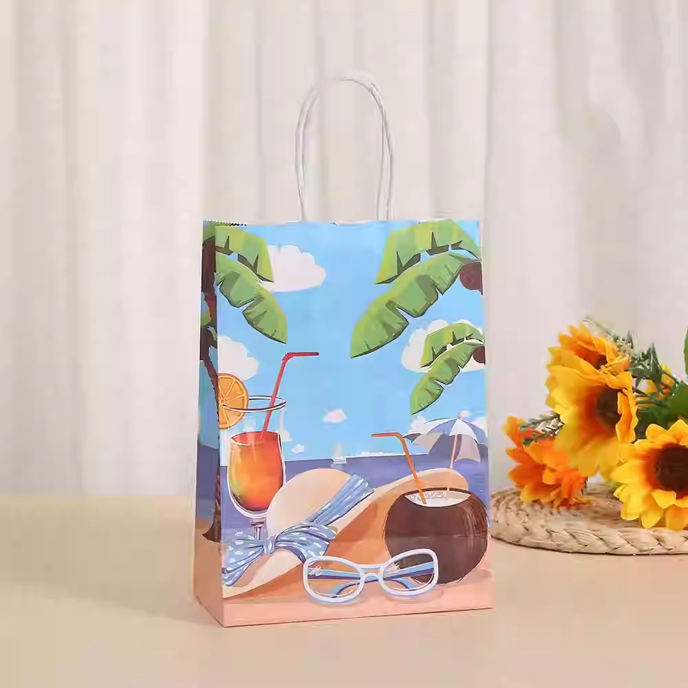 新品牛皮纸手提袋夏日缤纷礼品袋夏威夷生日派对装饰沙滩海边纸袋