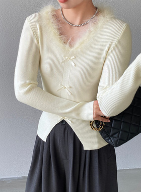 江左 香软千金~温柔软糯修身毛领蝴蝶结V领内搭针织衫上衣女 6657