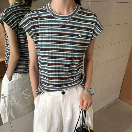 黎诺夏新款韩版慵懒风条纹微宽松无袖T恤女2025宽松休闲短款上衣