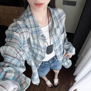 柜上4900 女 一衣两穿100水洗长绒棉肌理感慵懒蓝白格纹休闲衬衫