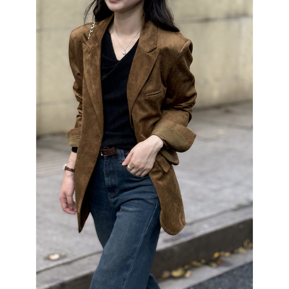 韩系麂皮绒西装外套女 秋复古慵懒风廓形西服外套H26910
