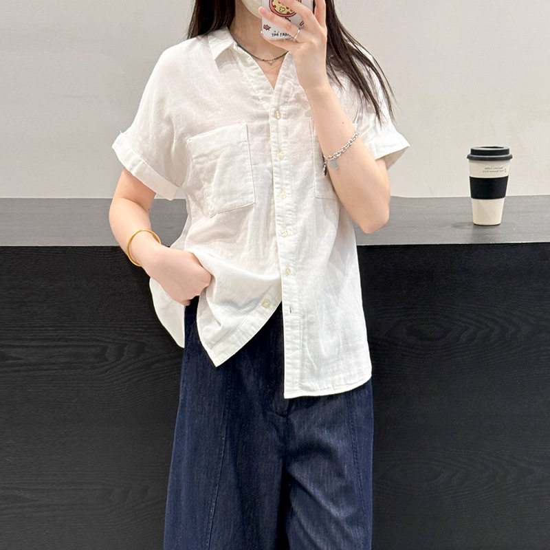 素町夏款双层棉衬衫短袖休闲舒适上衣女通勤百搭短袖