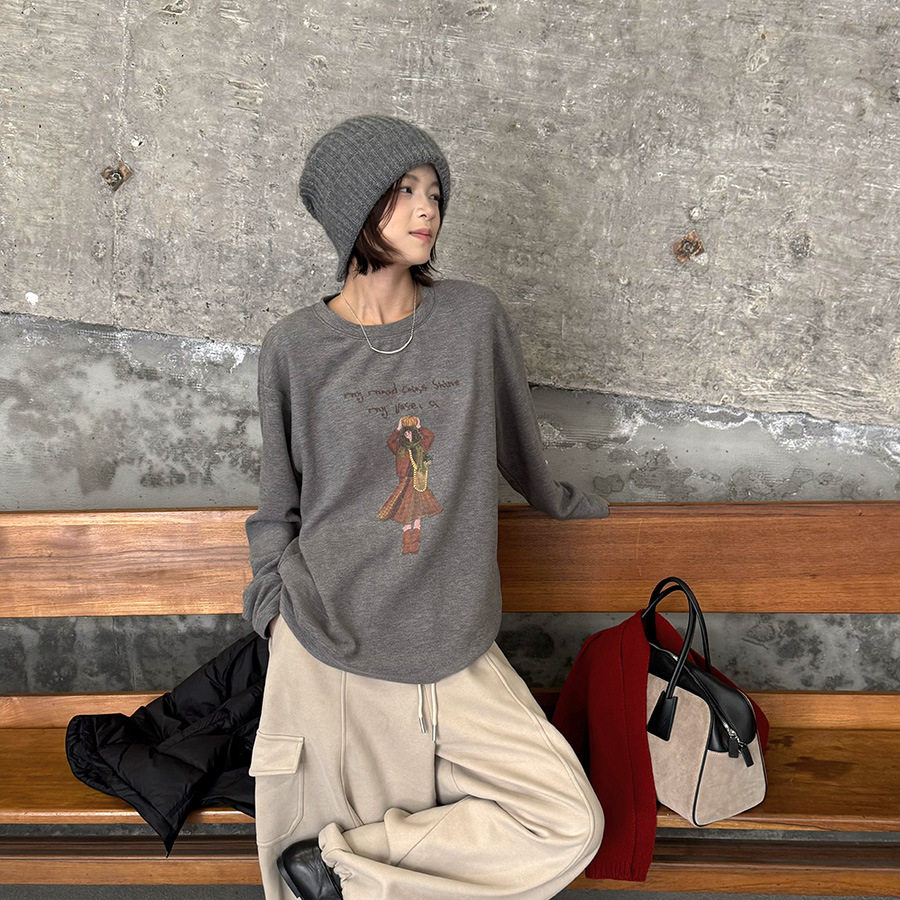 秋季新款韩系南瓜女孩印花大版t恤女2026慵懒感休闲圆领卫衣
