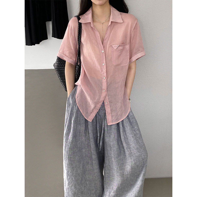 法式100苎麻折角口袋短袖衬衫女夏宽松休闲气质通勤上衣1961
