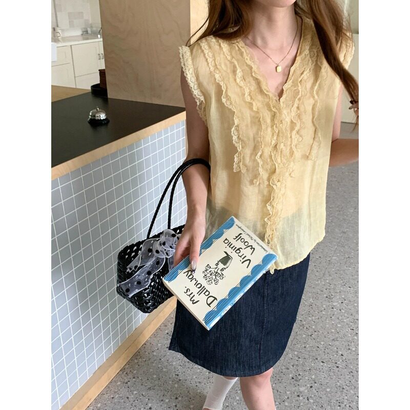 3th Morning 花漾苎夏 100苎麻蕾丝花边V领无袖衬衫ZY4329