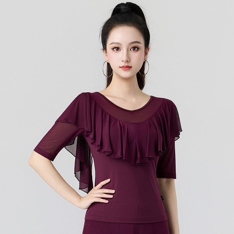 新款拉丁舞服装中袖上衣夏季舞蹈衣服成人女交谊舞广场舞练习舞衣