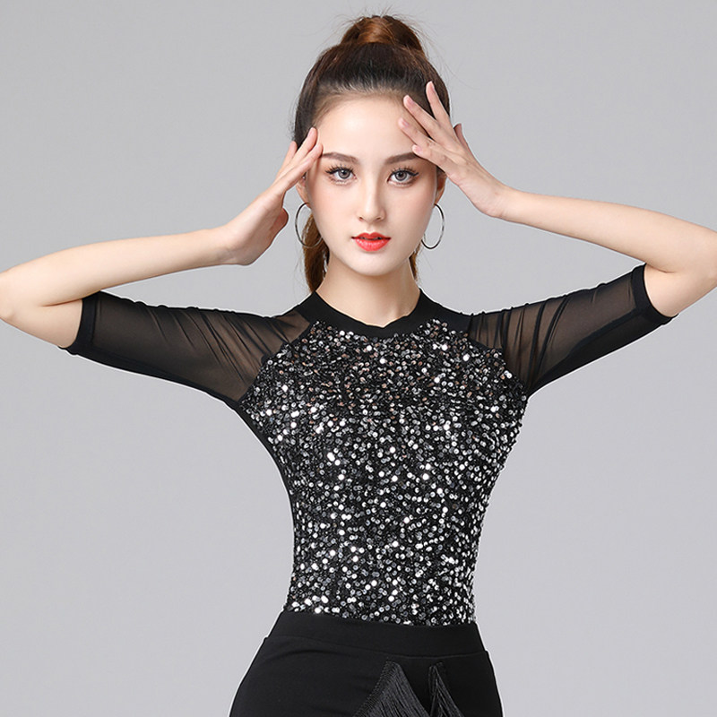 新款拉丁舞上衣中袖舞蹈衣服成人女国标摩登连体舞蹈练功服上装