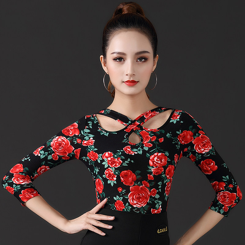 夏季新款拉丁舞中袖上衣女摩登舞服装交谊舞国标舞广场练功演出服