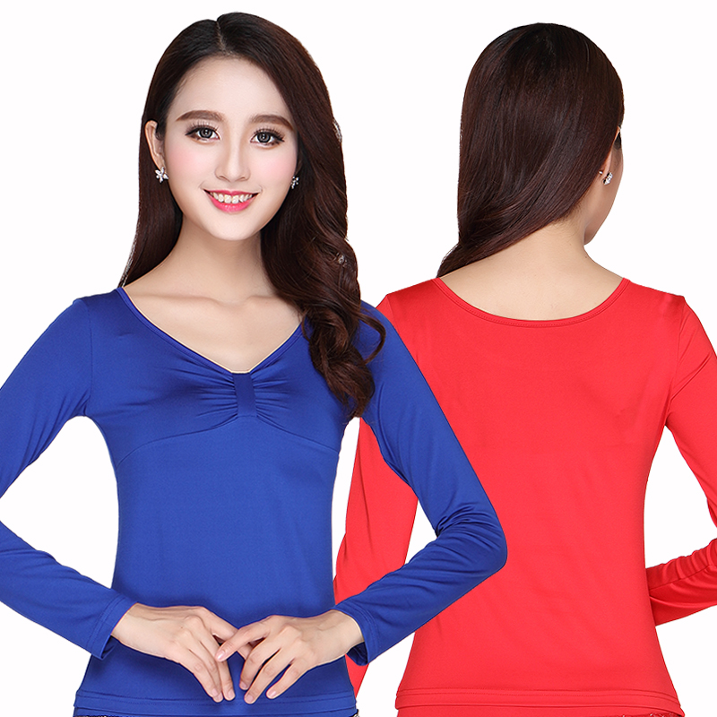 秋冬加绒广场舞服装长袖上衣牛奶丝舞衣成人女练功演出服圆领上装