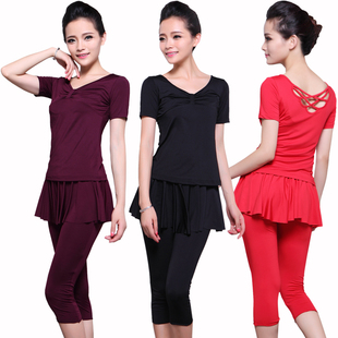 新款广场舞服装夏季短袖套装中裤成人女舞蹈演出服拉丁舞七分裤子