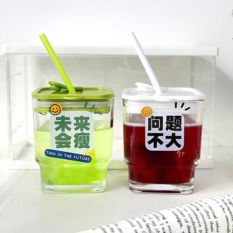 可爱水杯ins风高颜值家用夏季女生玻璃杯情侣果汁杯网红吸管杯子