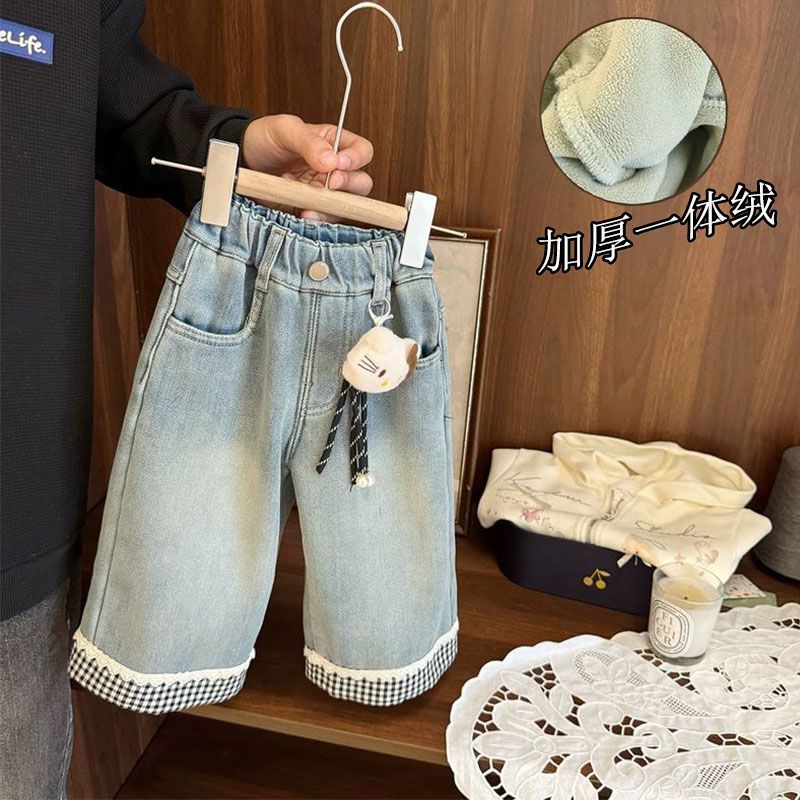 女童冬季加绒牛仔裤2025新款儿童加绒加厚休闲裤女宝宝一体绒长裤