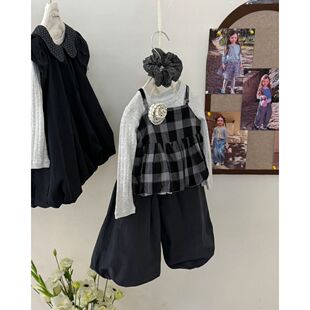 女童春款三件套2026新款儿童格子吊带打底衫两件套百搭休闲阔腿裤