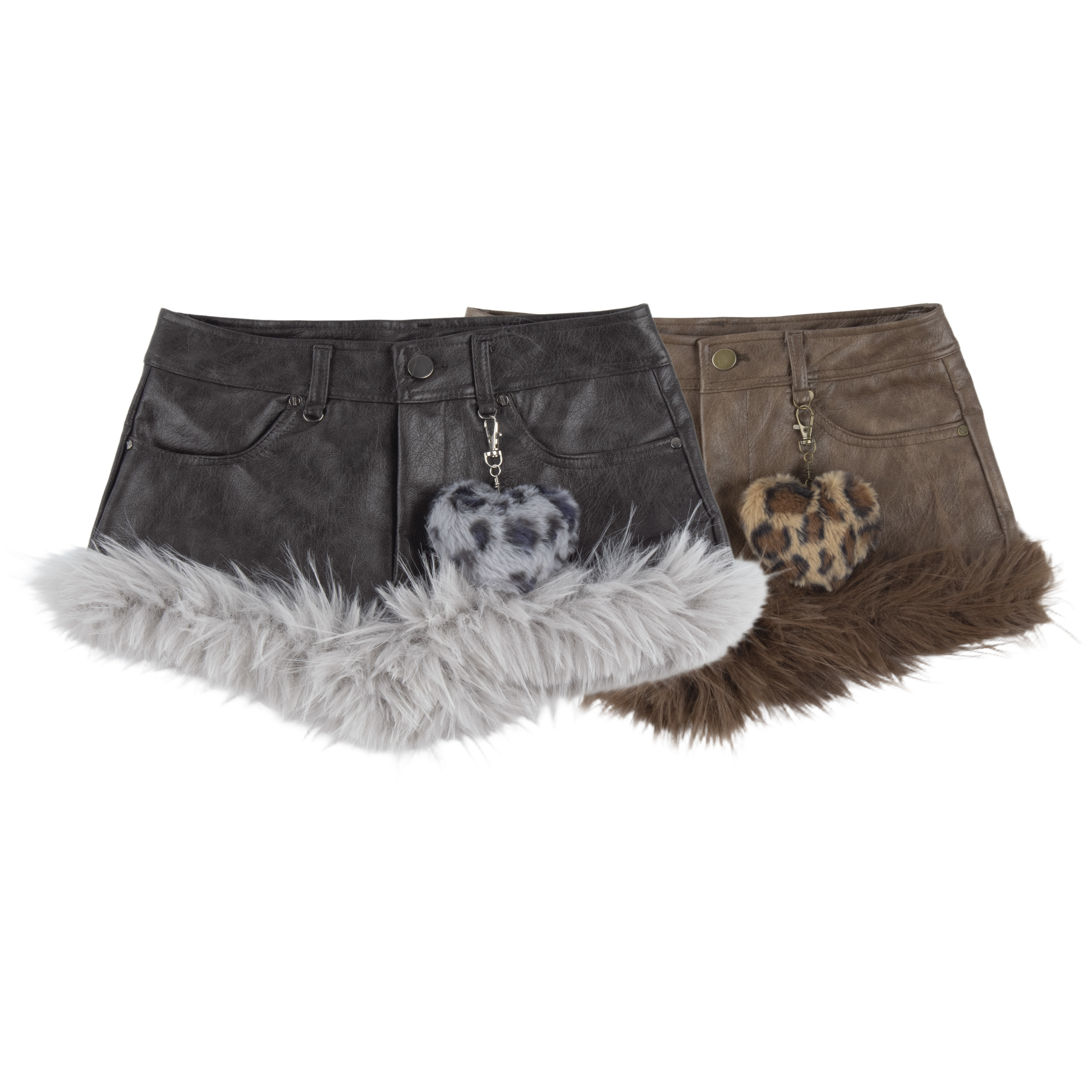 辣妹水洗毛毛拼接短皮裤女秋冬新款低腰性感修身定制爱心挂件皮裤