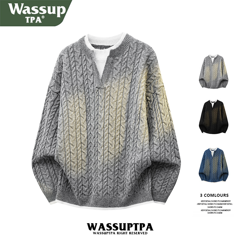 WASSUP TPA日系假两件麻花毛衣男士秋冬休闲v领针织衫慵懒风外套