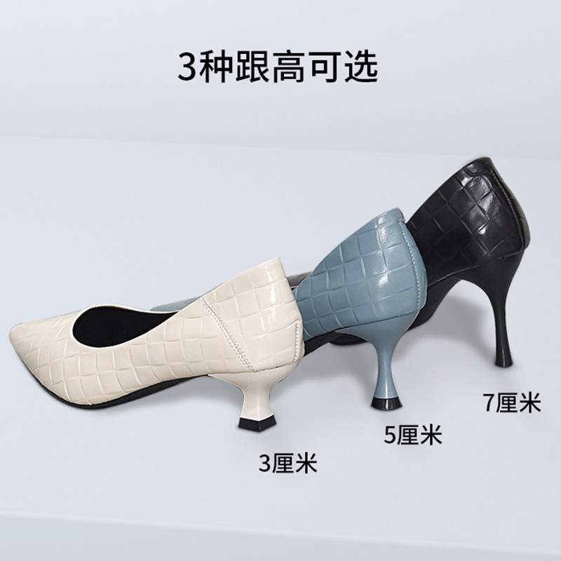 空乘高跟鞋2026新款夏真皮尖头单鞋细跟职业女鞋工作鞋蓝色女瓢鞋