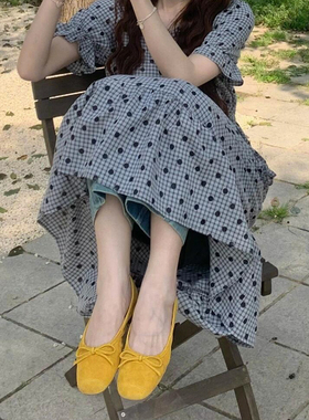 绒面低跟单鞋女黄色平底2025新款玛丽珍鞋子法式浅口一脚蹬芭蕾鞋