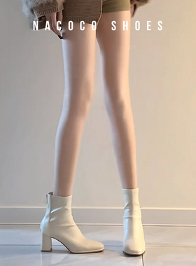 高跟及踝瘦瘦靴女白色粗跟马丁靴子2025秋冬新款加绒方头显瘦短靴