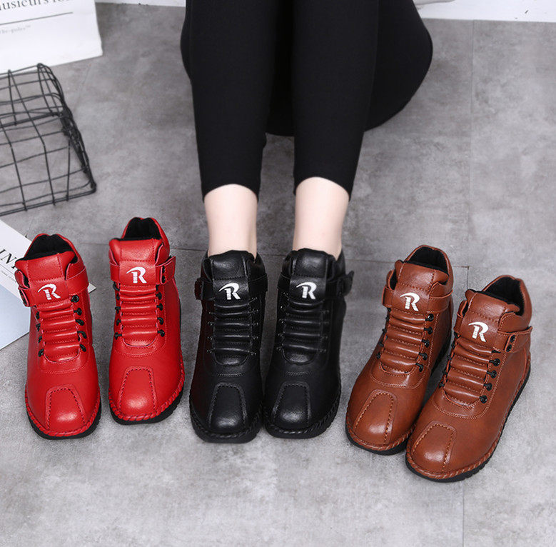 红色高帮软底短靴女真皮女鞋秋冬加绒舒适软皮平底妈妈短款马丁靴,女鞋,马丁靴,淘宝优惠券,粉丝福利购,淘宝优惠卷