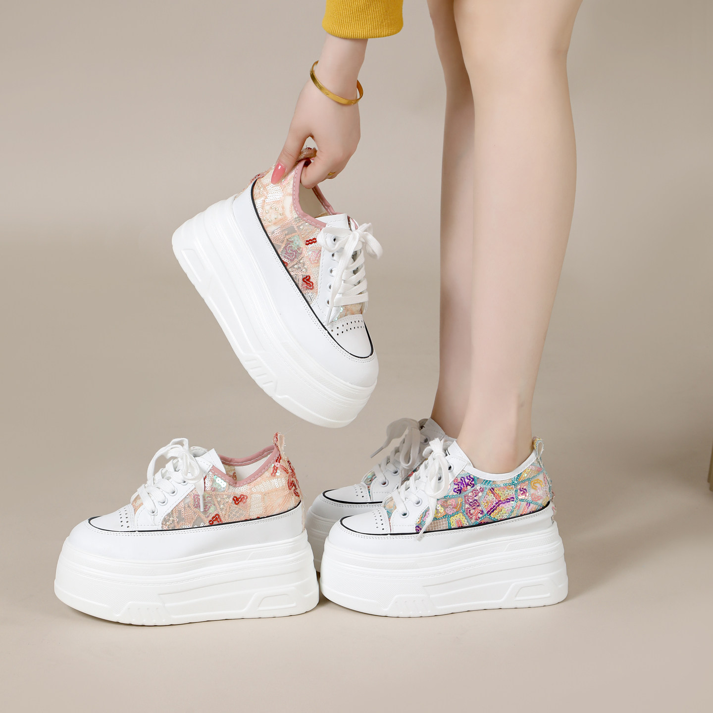 休闲厚底松糕鞋女内增高亮片小白鞋小个子显瘦洋气轻便超轻运动鞋