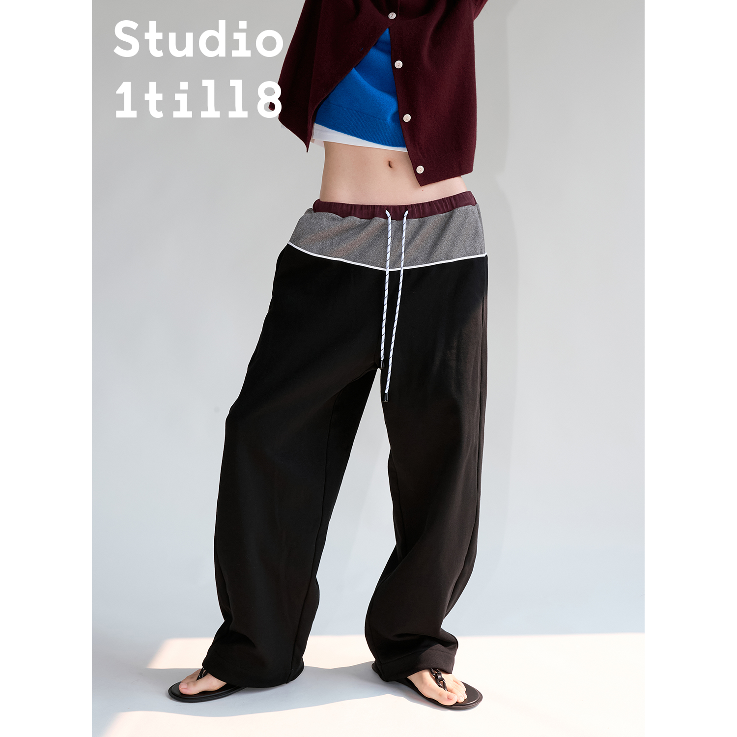 Studio1till8黑色拼布抽绳卫裤