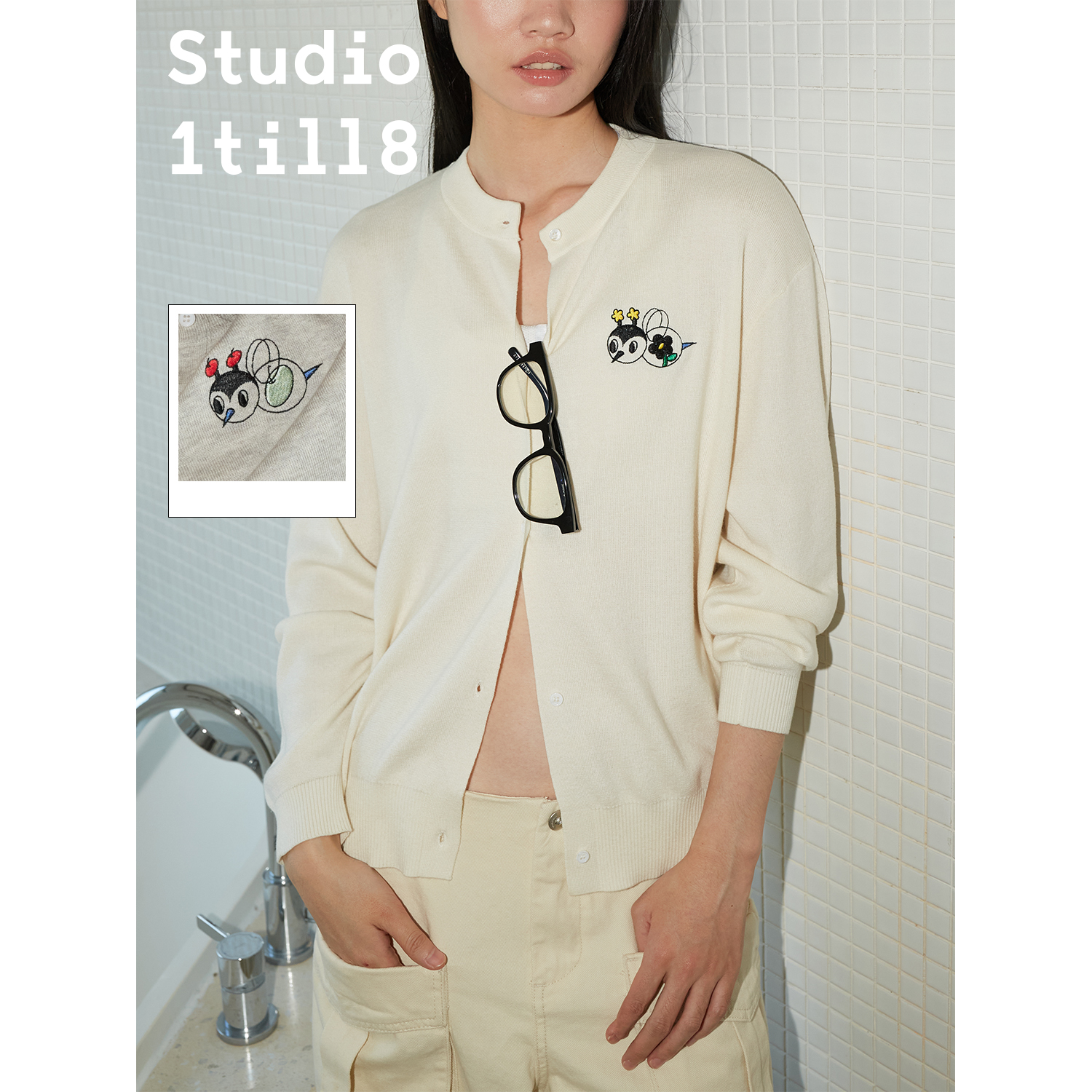 Studio1till8蜜蜂刺绣针织开衫