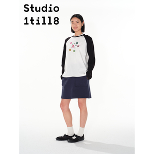 上衣 T恤女宽松百搭插肩袖 黑白色 几何表情印花长袖 Studio1till8
