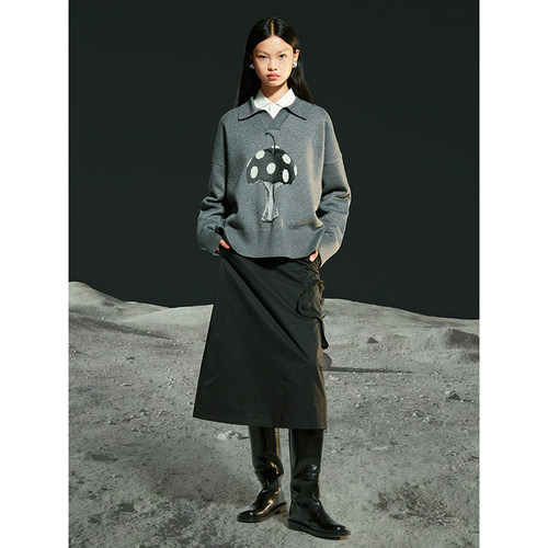 波点蘑菇苹果针织长袖polo领毛衣