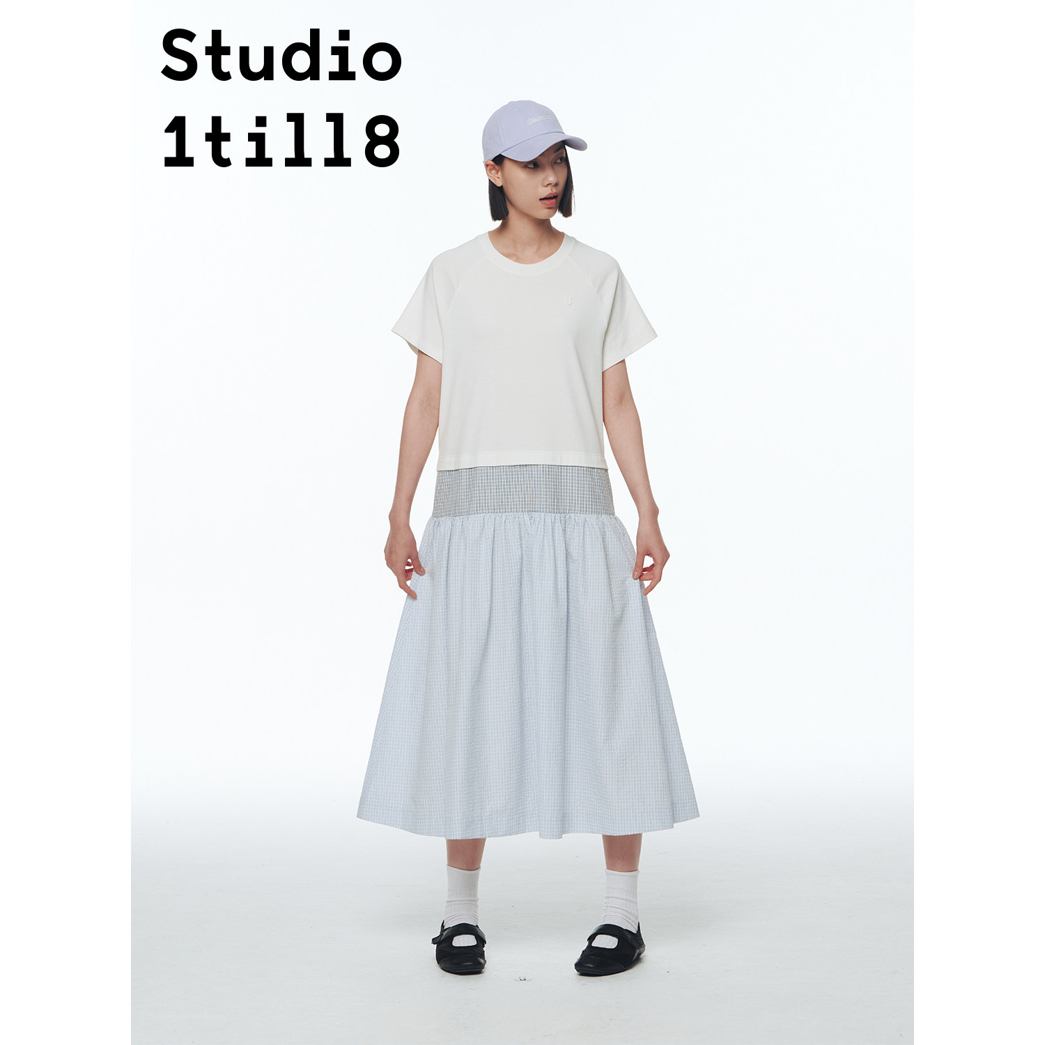 Studio1till8 蓝白/黄灰 夏季清凉感配色插肩袖拼接短袖连衣裙 - 实物图