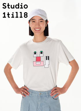 Studio1till8 像素风几何表情印花宽松短袖T恤女 灰色/黑色/白色