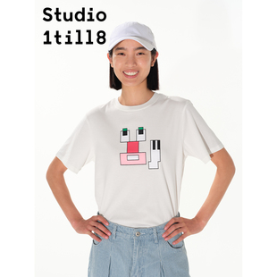 黑色 Studio1till8 灰色 T恤女 白色 像素风几何表情印花宽松短袖