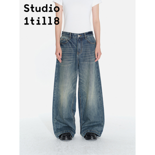 Studio1till8 高腰阔腿宽松复古做旧设计感直筒裤扎花水洗牛仔裤