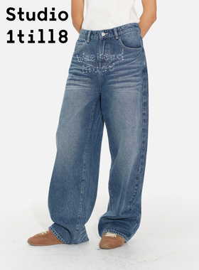 Studio1till8 “weekend mood”蓝色水洗抓纹长裤宽松直筒牛仔裤