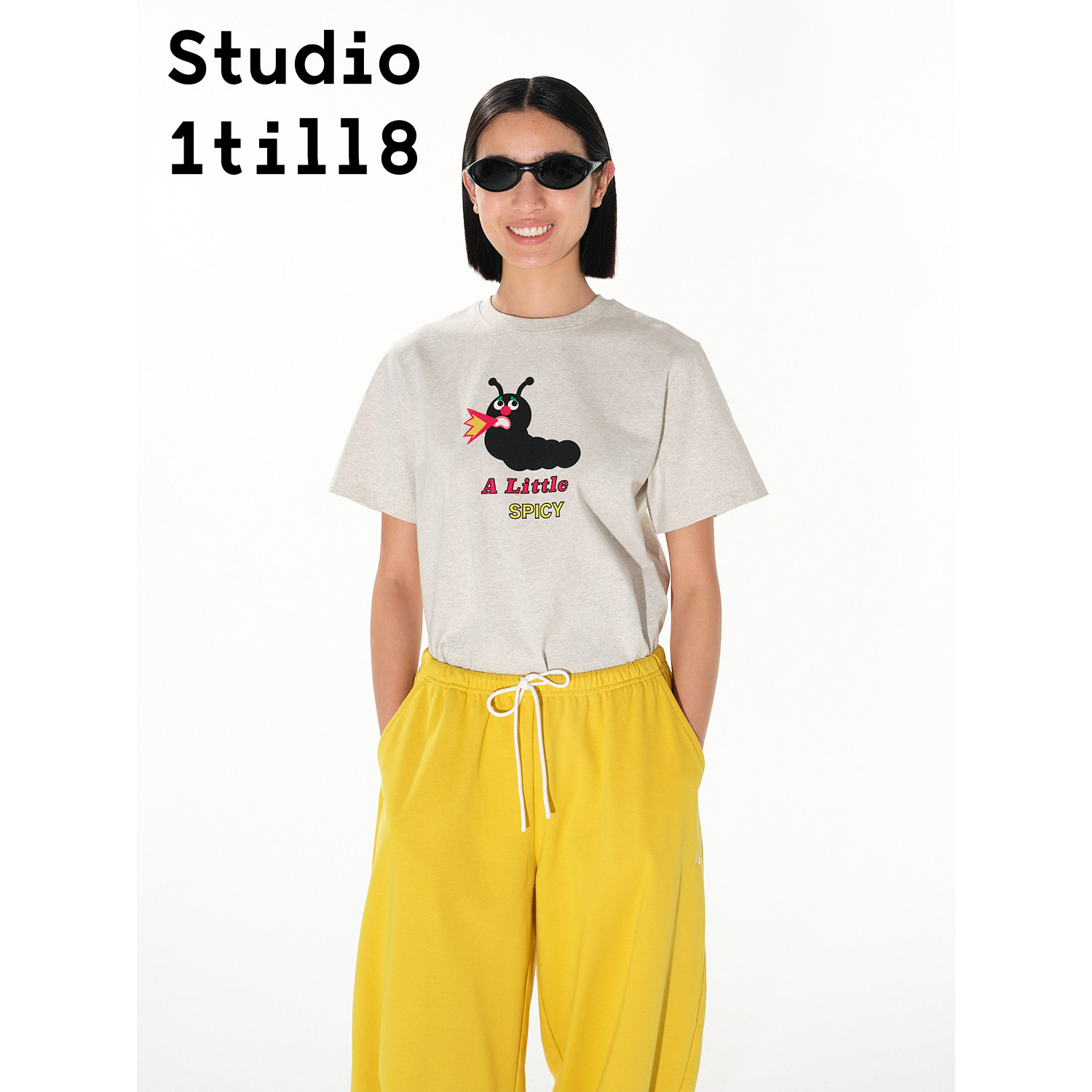 Studio1till8 中花灰/米灰色辣椒主题纯棉正肩合身短袖T恤女夏