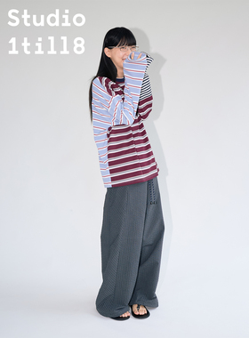 Studio1till8 三色条纹撞色拼接设计长袖上衣学院感落肩袖T恤女秋
