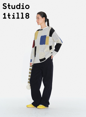 Studio1till8 小一字领色块拼接设计秋冬针织上衣宽松廓形大毛衣