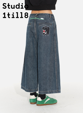 Studio1till8 复古蓝 秋冬棉感宽松长裤牙痛牙刷刺绣九分牛仔裤女