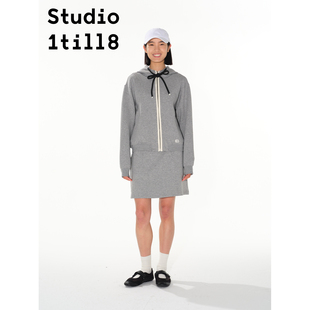藏青色 女 灰色 撞色包边连帽卫衣&高腰A字短裙套装 Studio1till8