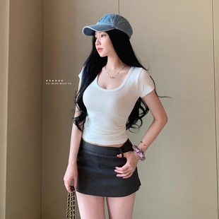 打底夏季 紧身白Tee 显身材上衣纯色基础款 正肩U领短袖 女 T恤修身