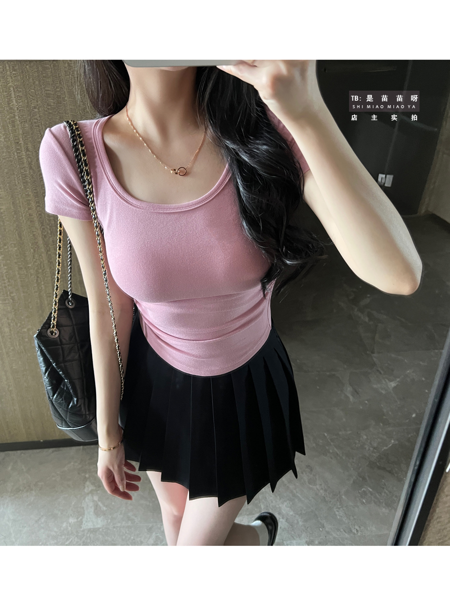 甜欲小蛮腰 纯色修身显胸T恤高腰紧身褶皱圆领短袖上衣内搭打底女