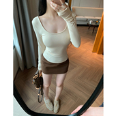 版 前后大U领修身 打底衫 舞蹈生Tee长袖 上衣芭蕾T恤纯色基础款 女