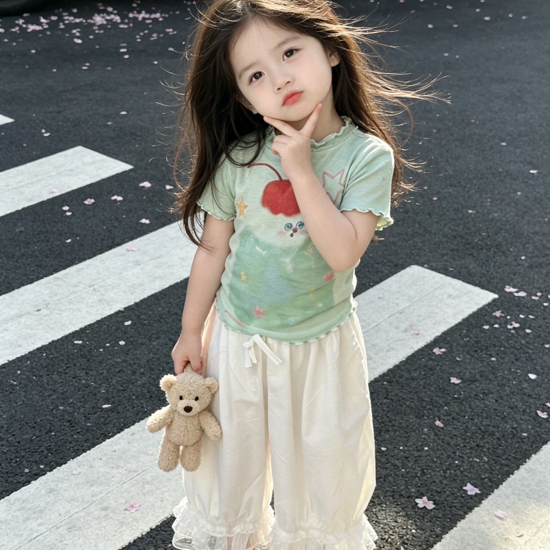 儿童新款春季女童花边印花短袖T恤蕾丝边裤子套装夏装韩版两件套