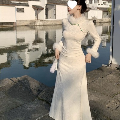 新中式国风复古连衣裙秋冬新款打底高级感气质收腰改良旗袍裙子女