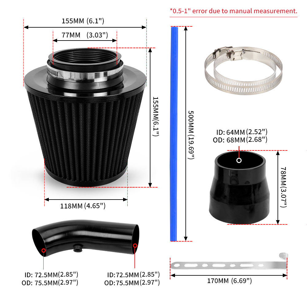 汽车改装空气滤清器76mm铝合金滤芯器冷空气进气管改装套件3inch
