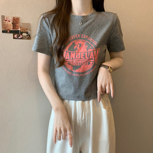 半袖 上衣 复古正肩短袖 短款 美式 修身 2025年新款 t恤女夏季 体恤时尚