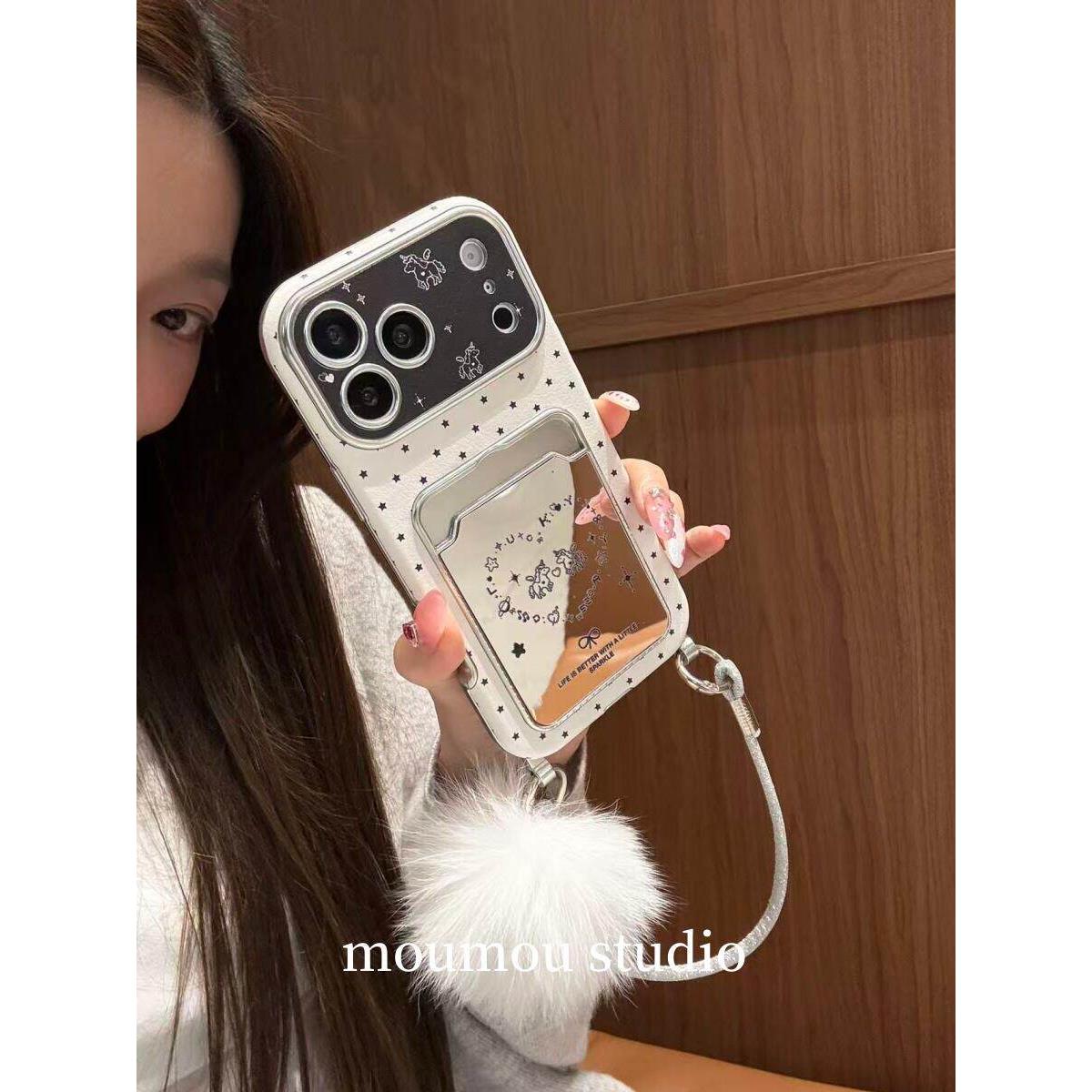 小众白底星星小马镜面卡包适用于iphone18promax苹果16pro防摔17pro手机壳15pro女款13高级系列14pro潮流哇塞