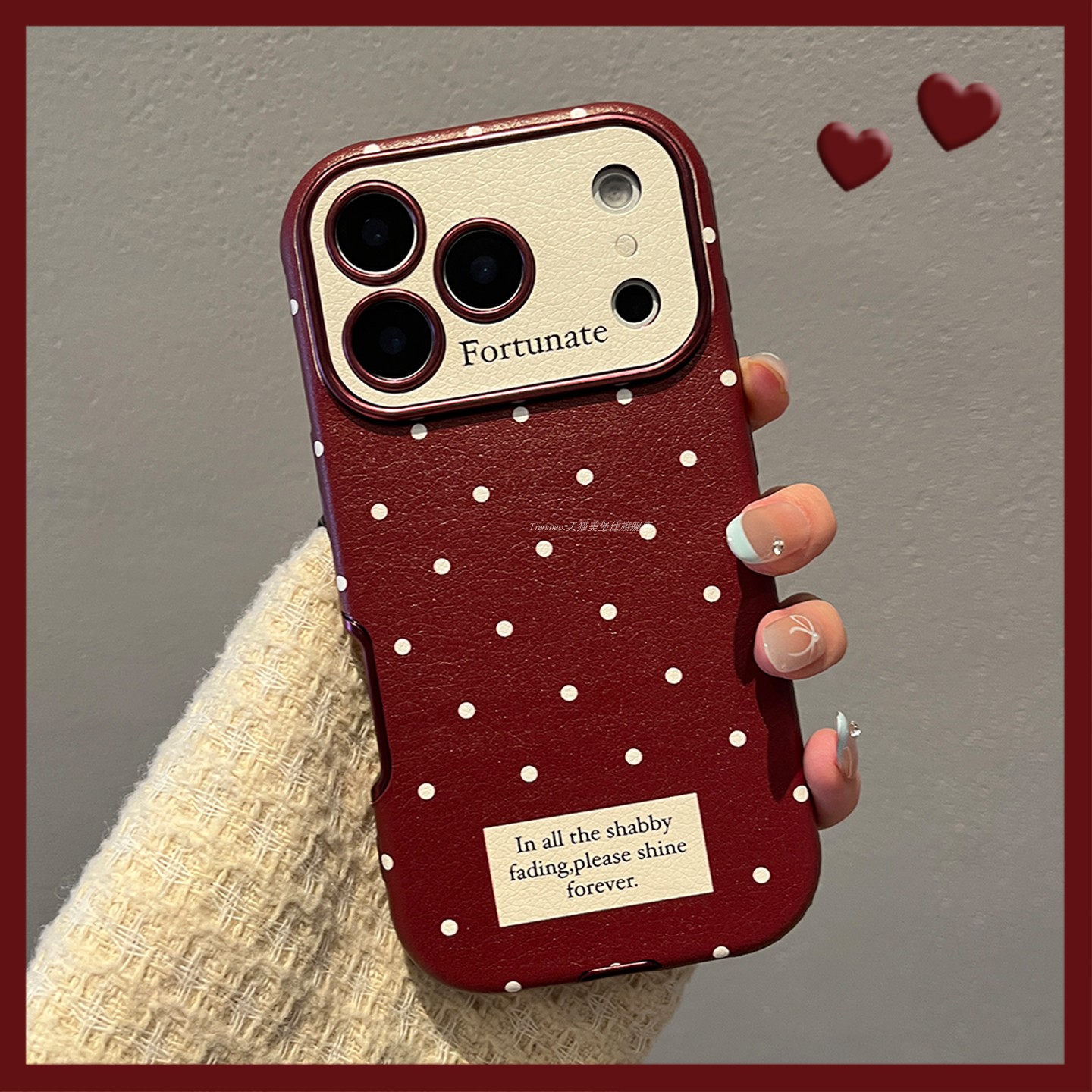 大视窗高级感波点皮纹酒红色适用苹果iPhone17promax手机壳女款16pro超好看15pro简约14网红爆款13防摔潮流感