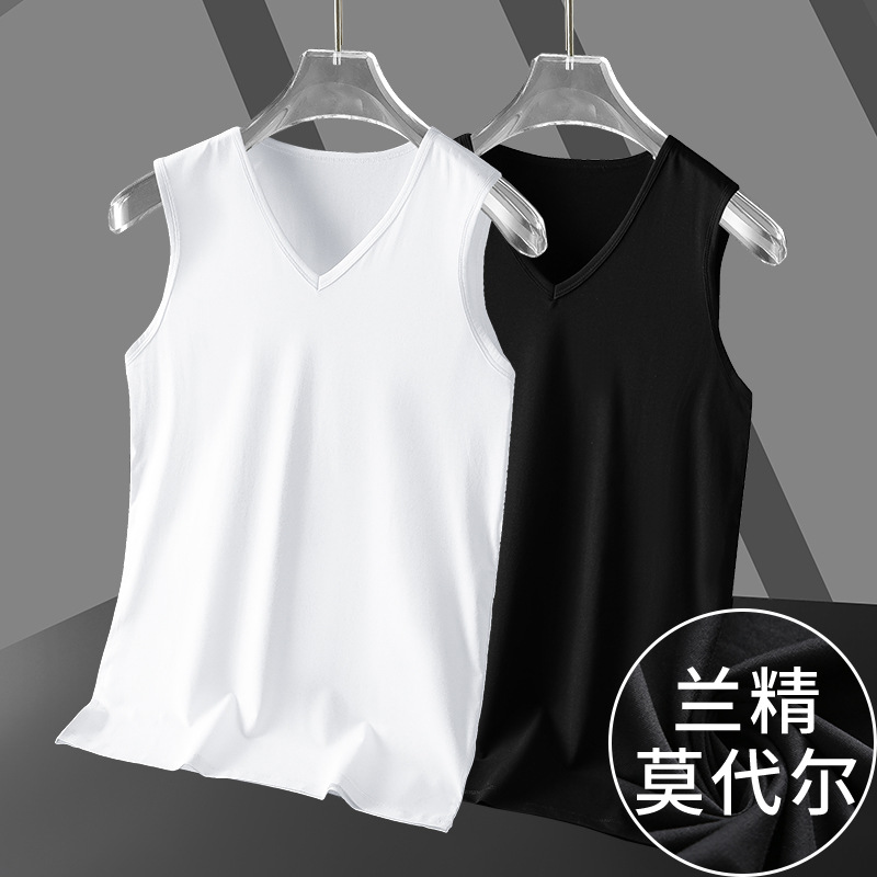莫代尔棉夏季背心男潮纯色白色健身篮球运动坎肩V领冰丝无袖t恤